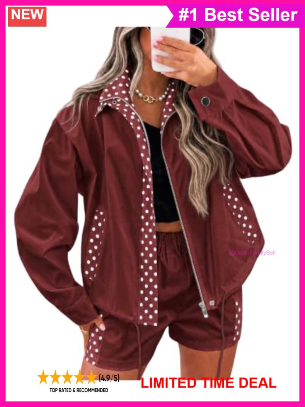 2 Piece Polka Dot Patchwork Zip Jacket & Short Set Woven Outfit